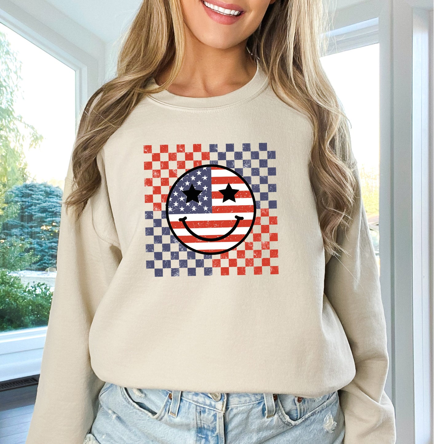Retro Smile Face Flag Sweatshirt, American Flag Happy Face Crewneck, 4th of July Shirt, Independence Day Tee
