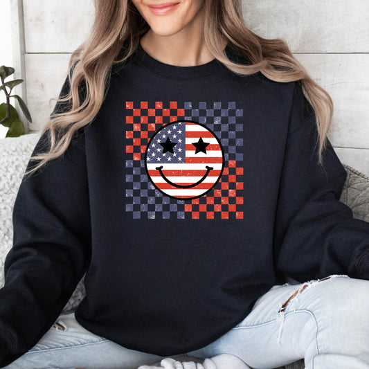 Retro Smile Face Flag Sweatshirt, American Flag Happy Face Crewneck, 4th of July Shirt, Independence Day Tee