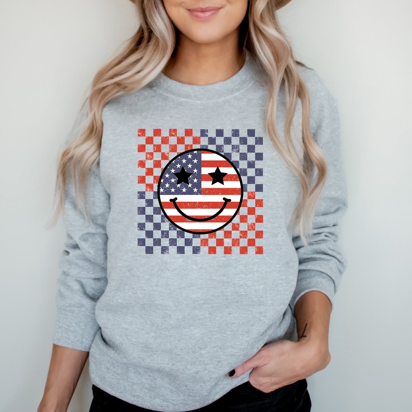 Retro Smile Face Flag Sweatshirt, American Flag Happy Face Crewneck, 4th of July Shirt, Independence Day Tee
