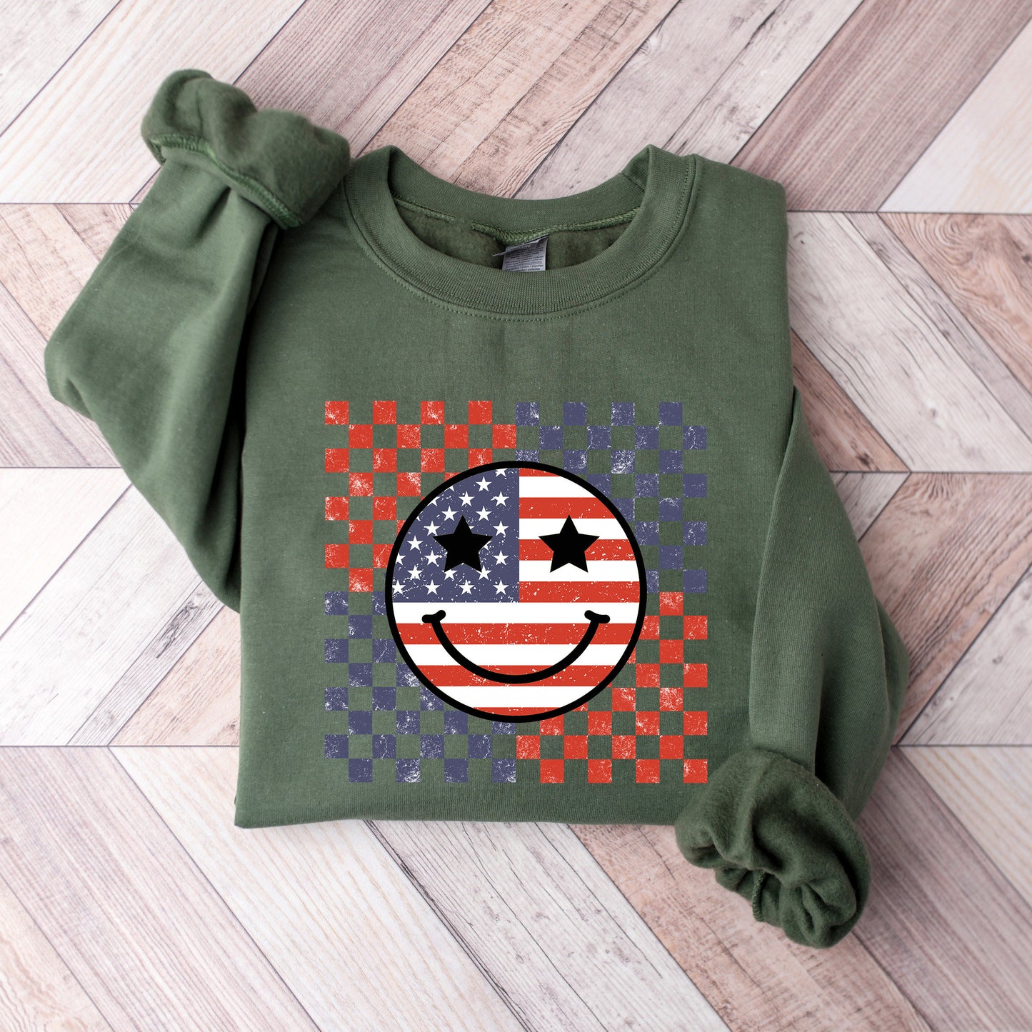 Retro Smile Face Flag Sweatshirt, American Flag Happy Face Crewneck, 4th of July Shirt, Independence Day Tee