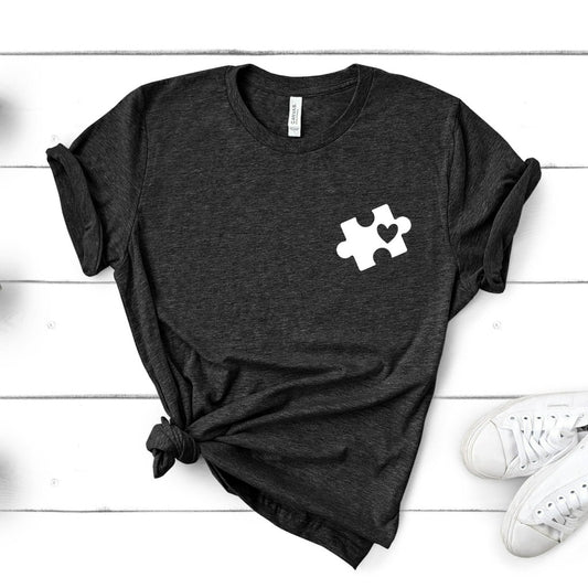 autism puzzle piece heart shirt, pocket style autism tshirt with puzzle piece, autism mom gift