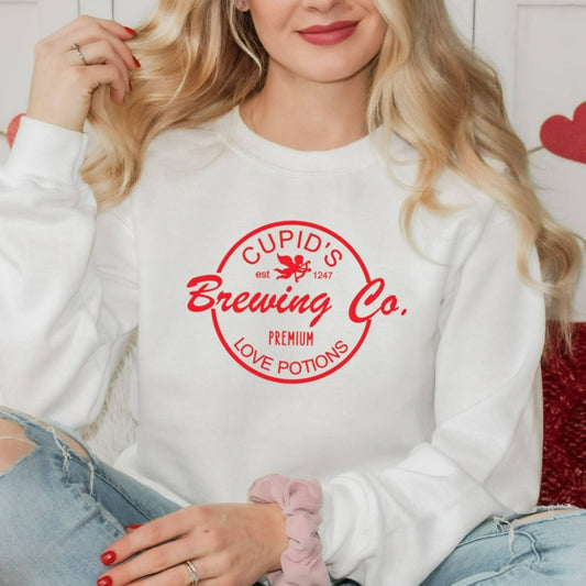 Cupid's Brewing Co Valentines Day Sweatshirt, Hugs and Kisses Shirt, Valentine's Day Gift, Women's Crewneck, Couples, Gift for Girlfriend