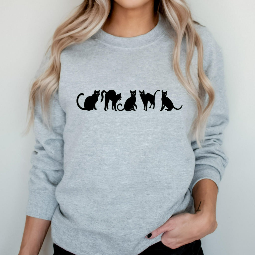 sweatshirt with 5 black cats, halloween black cat crewneck sweatshirt for her, fall autumn sweater, halloween party costume