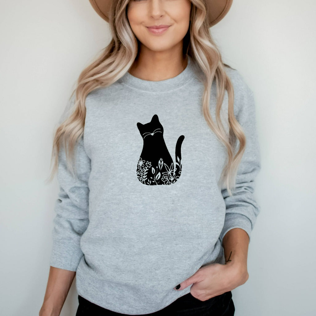 Cat Crewneck Sweatshirt, Floral Cat Shirt, Cat Shirts for Women, Cute Cat TShirt, Cat Mom T-Shirt, Gift for Cat Lover, Cat Mama Gift Graphic