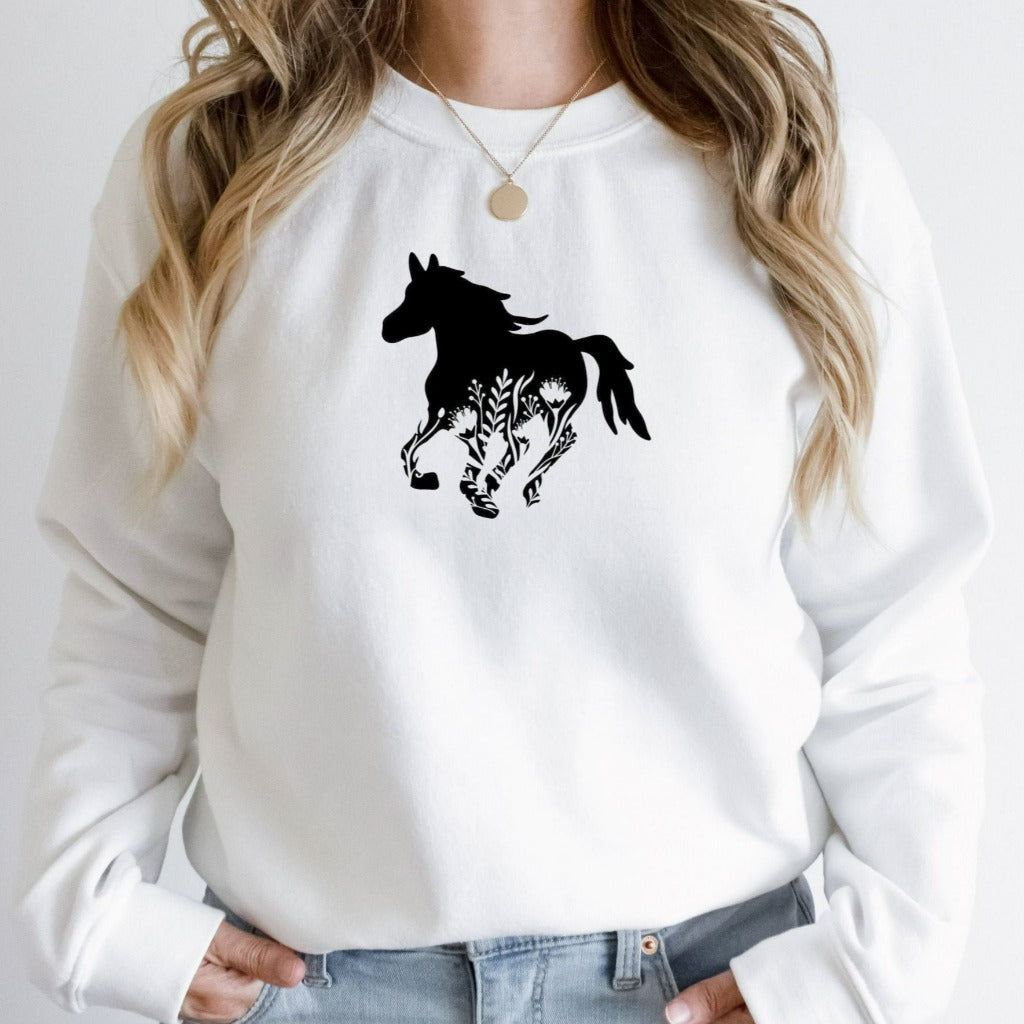 Floral Horse Sweatshirt, Cute Horse Crewneck, Gift for Equestrian, Horse Lover Sweatshirt