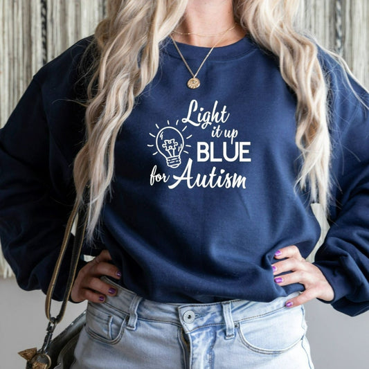 light it up blue for autism crewneck sweatshirt, autism awareness shirt, gift for autism mom