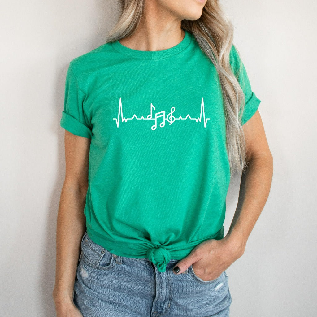 music teacher shirt, teacher appreciation gift, music lover, musical notes graphic tee, music heartbeat tshirt