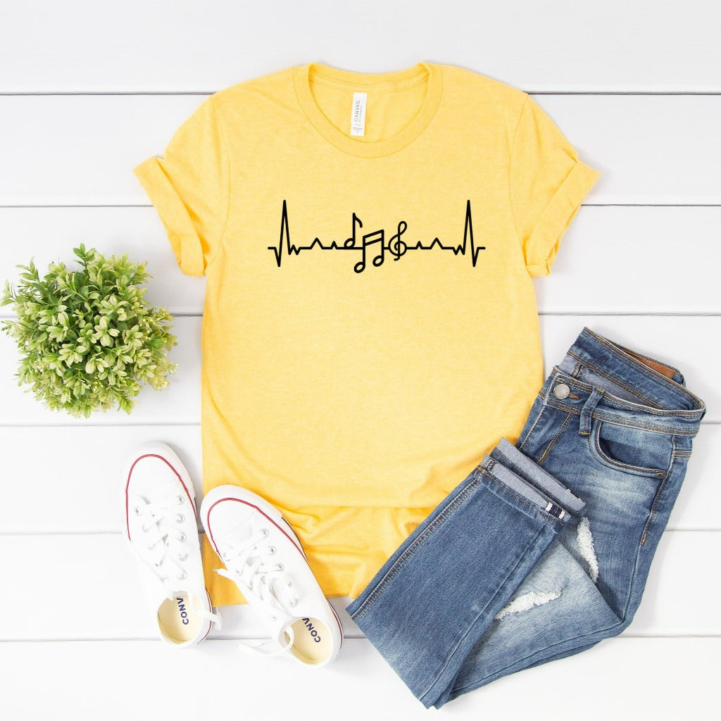 music teacher shirt, teacher appreciation gift, music lover, musical notes graphic tee, music heartbeat tshirt