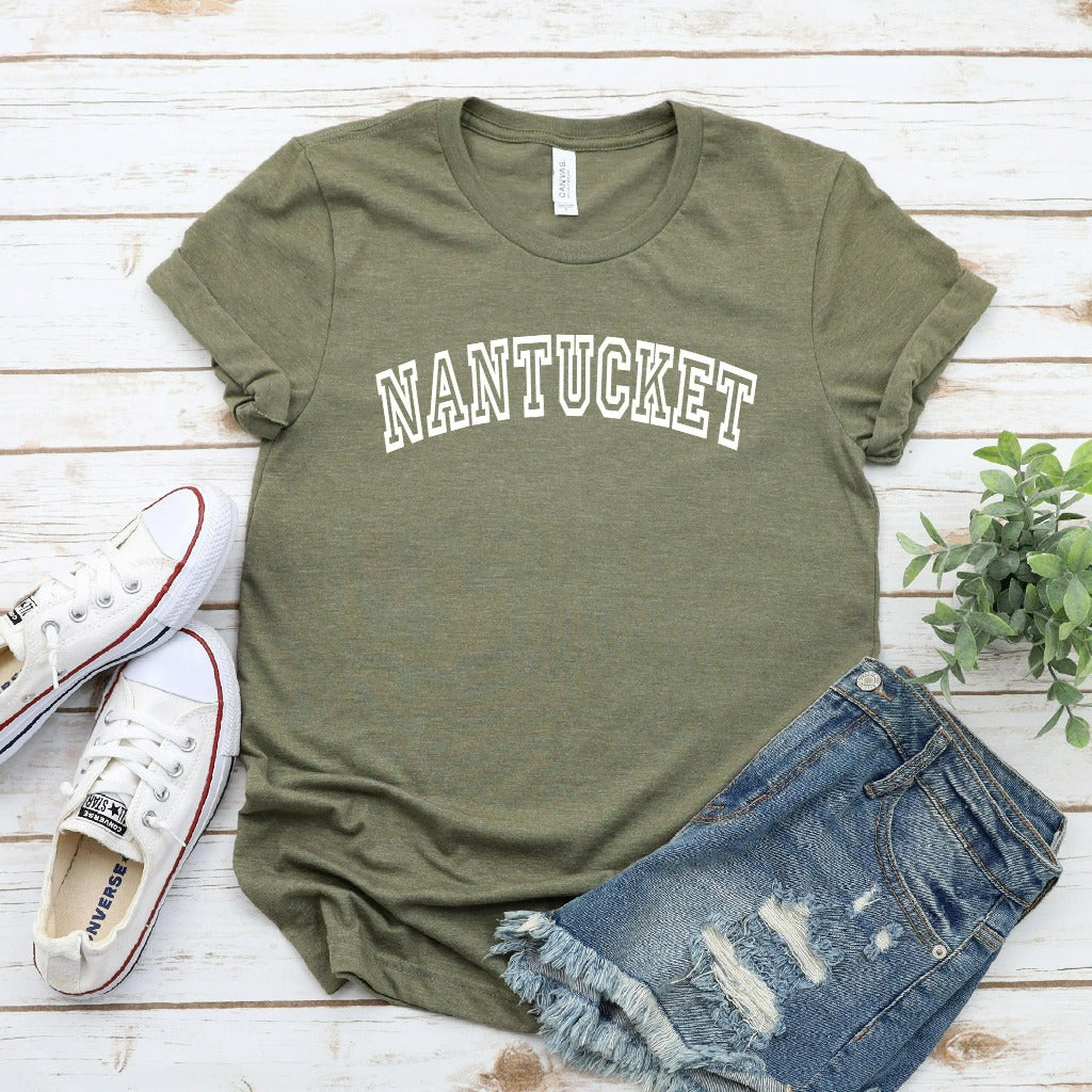 Nantucket Massachusetts shirt for her, cute varsity preppy style nantucket graphic tee