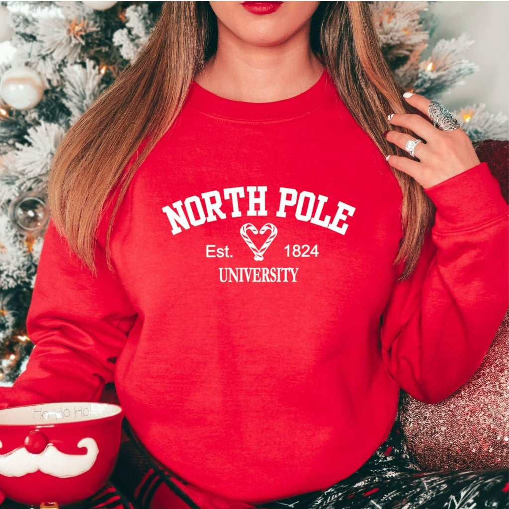 North Pole university shirt, cute christmas graphic tee for her, preppy christmas tshirt, christmas gift for her, christmas party outfit