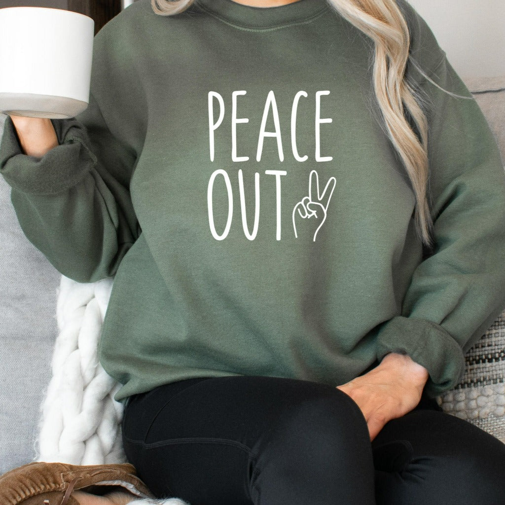 Peace Out crewneck sweatshirt, peace fingers, peace sign boho retro hippie shirt