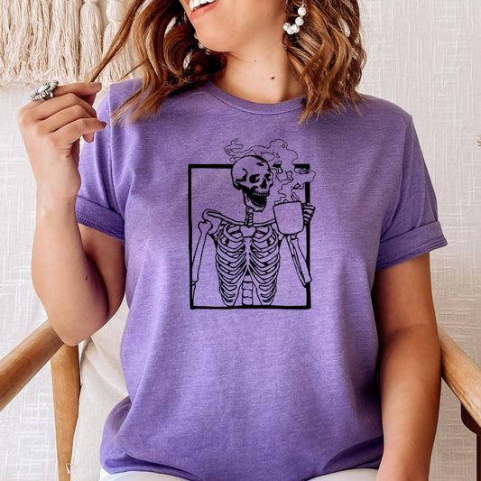 skeleton drinking hot coffee shirt, cute halloween skeleton graphic tee, gift for coffee lovers, coffee addict tshirt