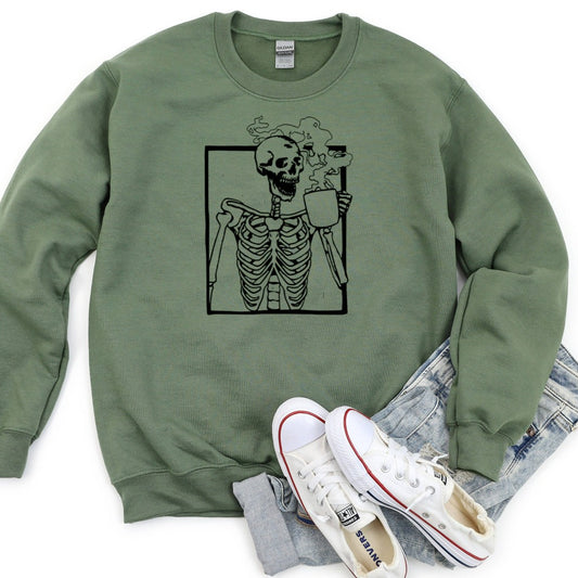 Skeleton Drinking coffee crewneck sweatshirt, hot coffee skeleton shirt, halloween shirt for coffee addicts, cute halloween party shirt for her