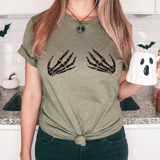 Skeleton hands halloween shirt for her, funny halloween party costume graphic tee