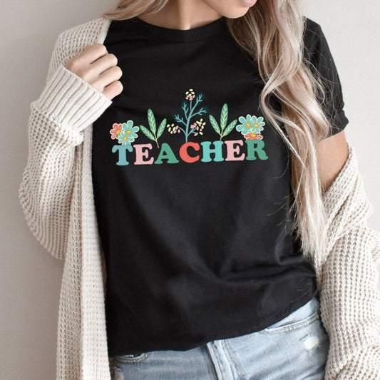 floral teacher shirt, cute pastel teacher graphic tee, teacher appreciation gift, back to school shirt for her