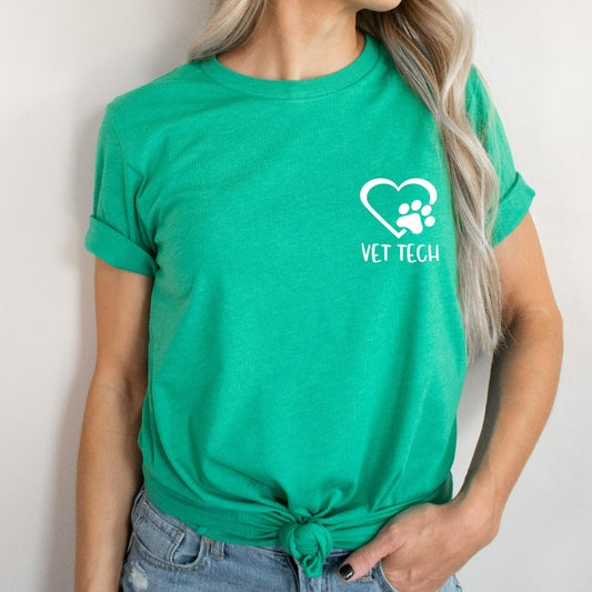 vet tech shirt, pocket vet tech with heart and paw print, matching veterinary office tshirts, veterinarian shirts, vet tech week graphic tee