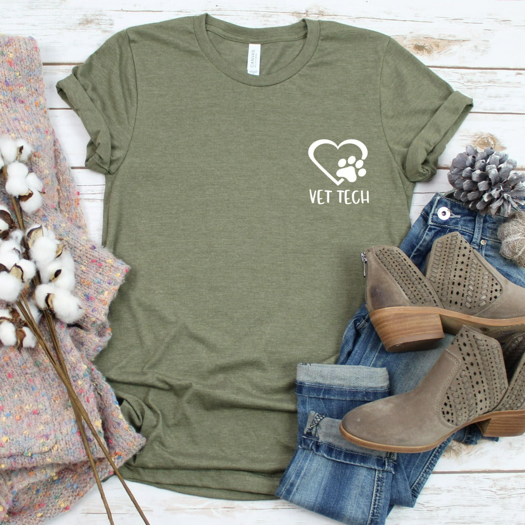 vet tech shirt, pocket vet tech with heart and paw print, matching veterinary office tshirts, veterinarian shirts, vet tech week graphic tee