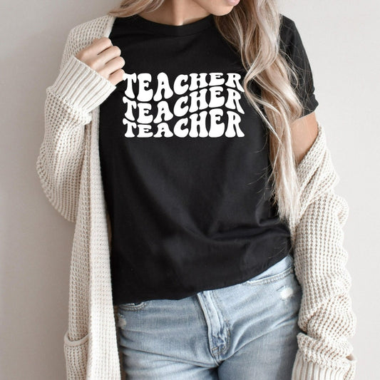 retro style teacher shirt with wavy letters, teacher appreciation gift for elementary kindergarten, gift for new teacher
