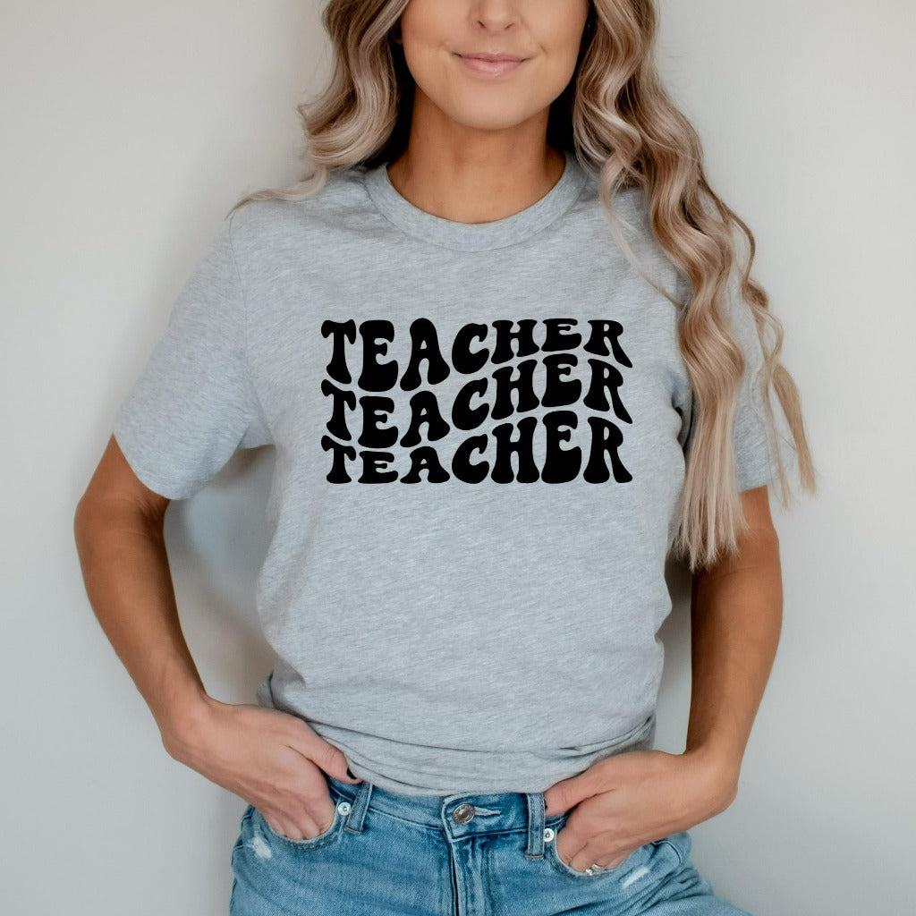 retro style teacher shirt with wavy letters, teacher appreciation gift for elementary kindergarten, gift for new teacher