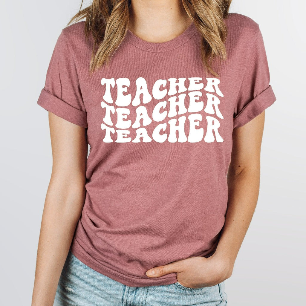 retro style teacher shirt with wavy letters, teacher appreciation gift for elementary kindergarten, gift for new teacher