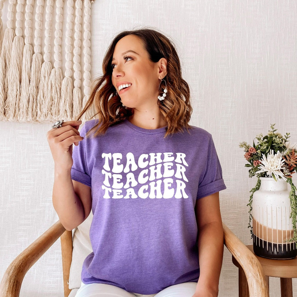 retro style teacher shirt with wavy letters, teacher appreciation gift for elementary kindergarten, gift for new teacher