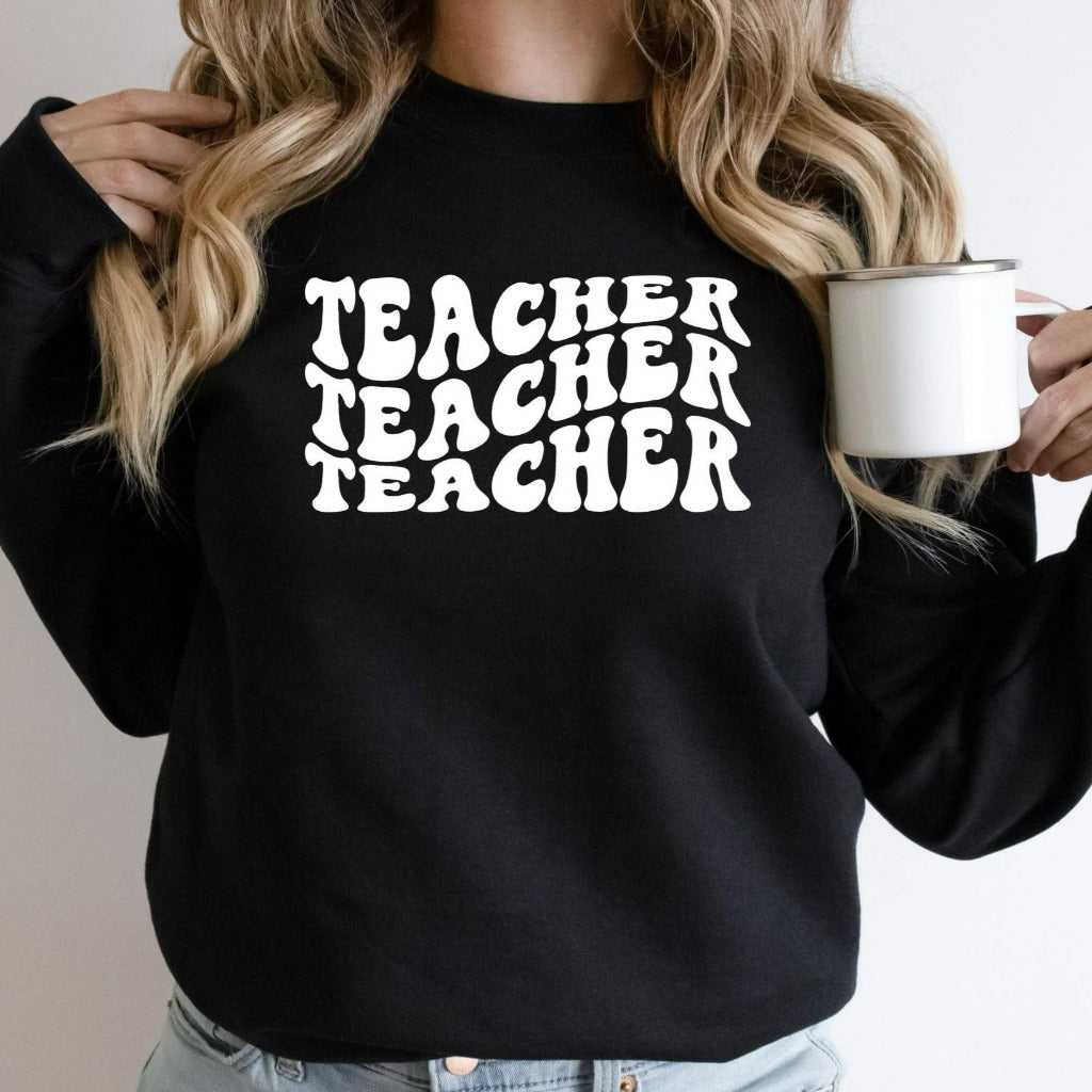 retro style teacher crewneck sweatshirt with wavy letters, teacher appreciation gift for elementary kindergarten, gift for new teacher