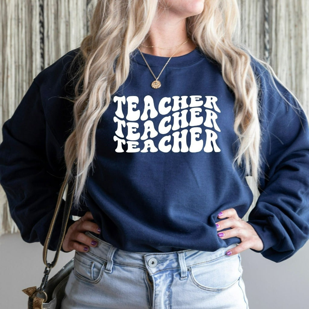 retro style teacher crewneck sweatshirt with wavy letters, teacher appreciation gift for elementary kindergarten, gift for new teacher