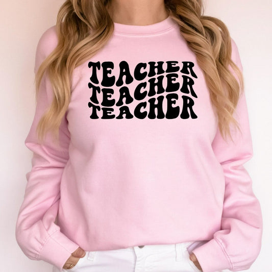 retro style teacher crewneck sweatshirt with wavy letters, teacher appreciation gift for elementary kindergarten, gift for new teacher