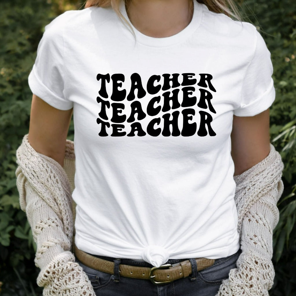 retro style teacher shirt with wavy letters, teacher appreciation gift for elementary kindergarten, gift for new teacher
