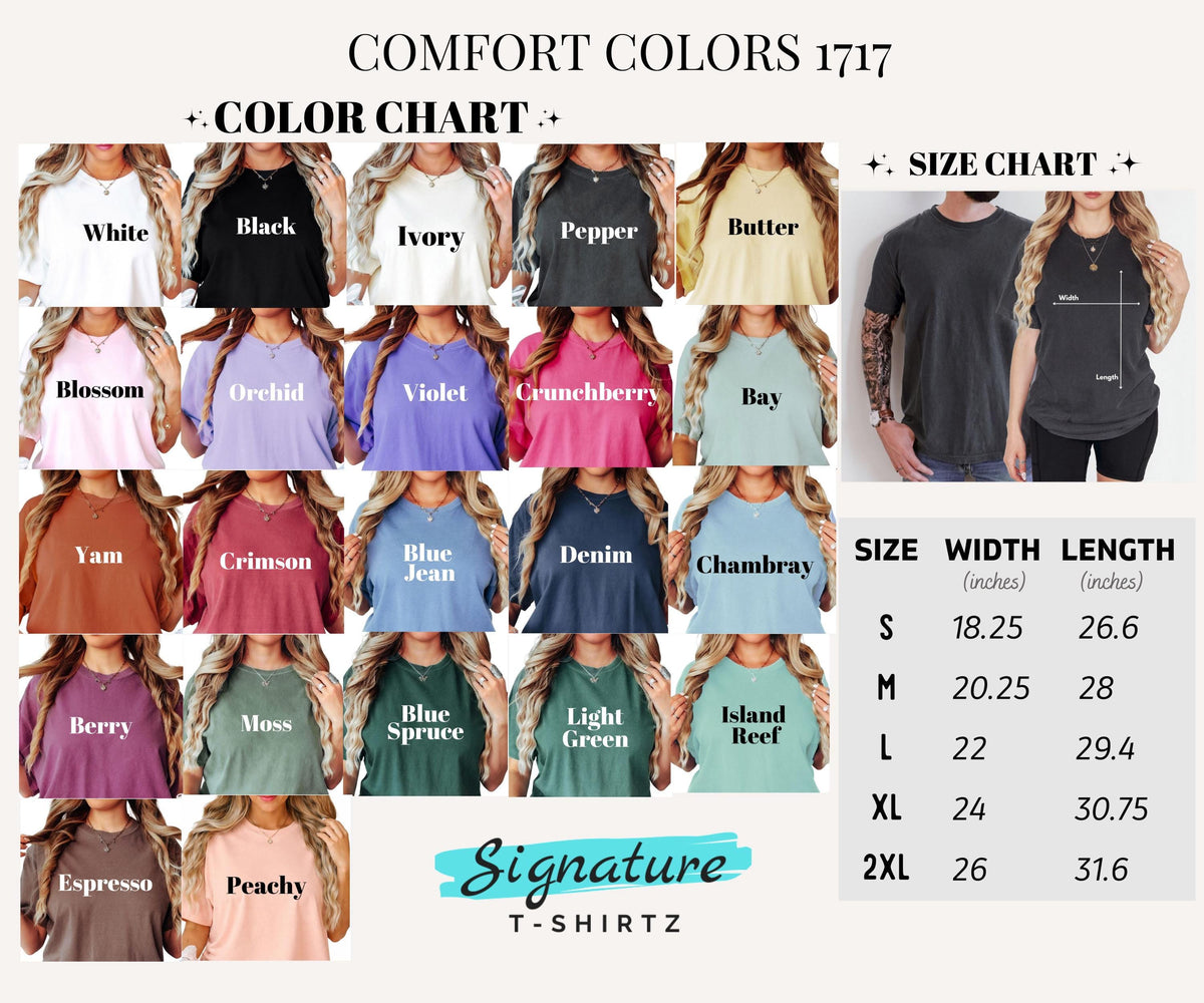 A color chart displaying eighteen different shirt color options with labels and a sizing chart for Comfort Colors 1717 t-shirts.