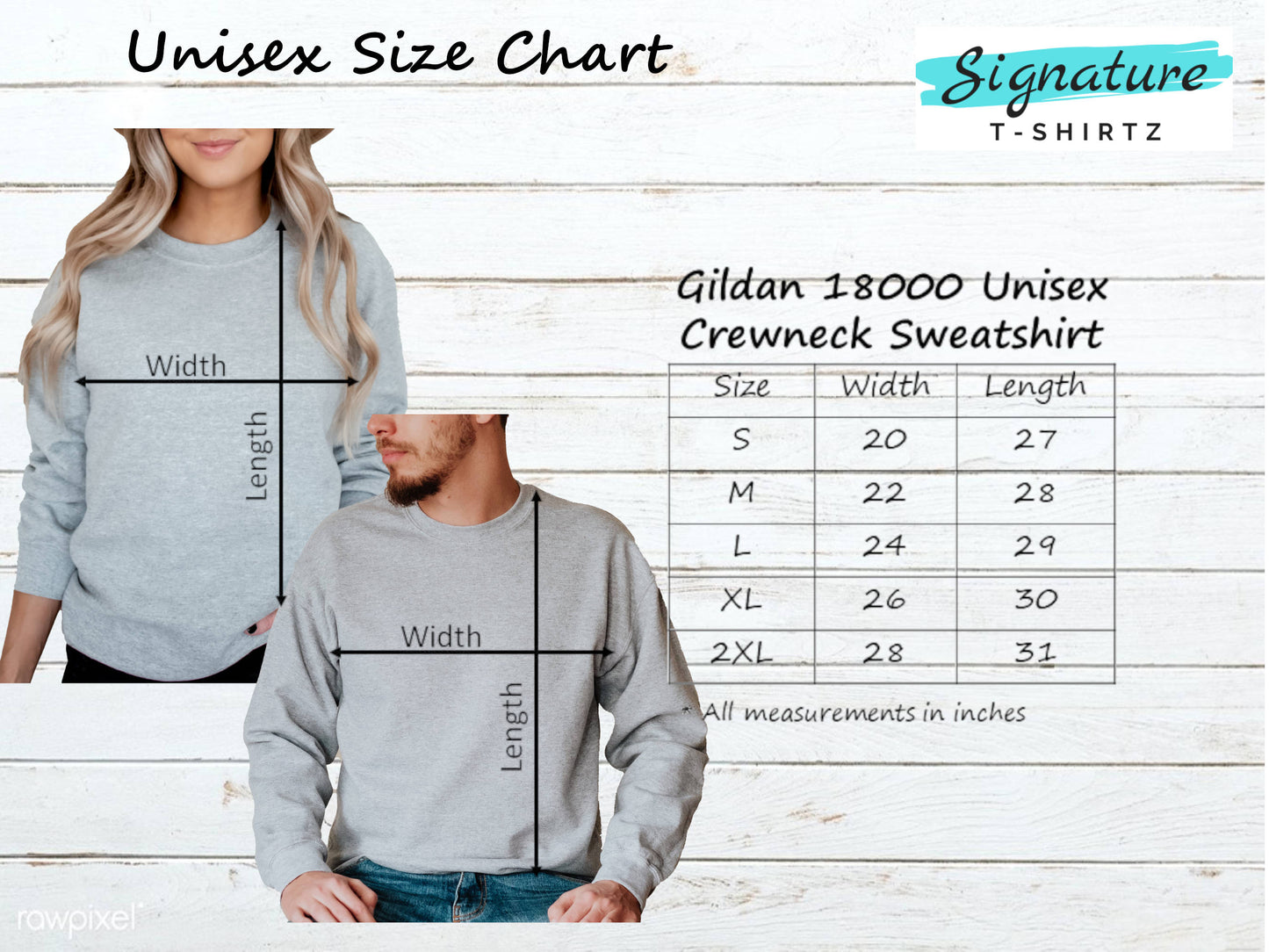 a man and woman wearing sweatshirts with measurements