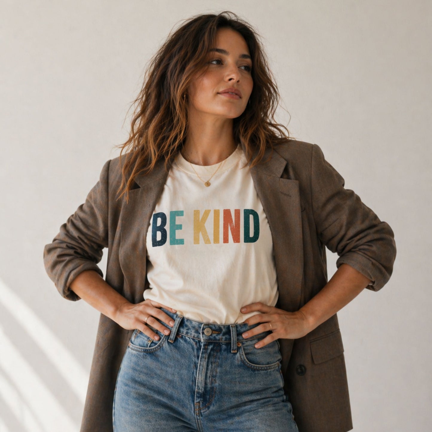 Woman wearing a 'BE KIND' t-shirt with a brown blazer and blue jeans against a white background