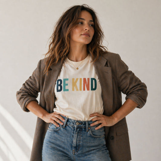Woman wearing a 'BE KIND' t-shirt with a brown blazer and blue jeans against a white background