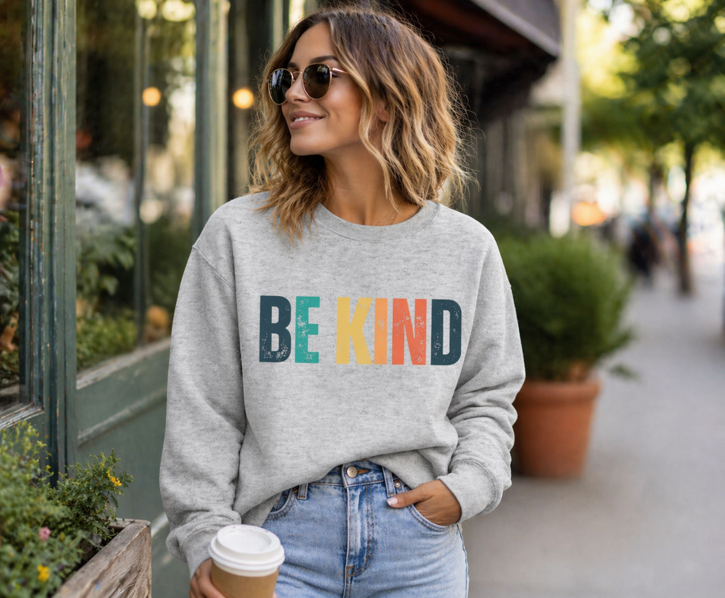 Woman wearing a gray sweatshirt with 'BE KIND' in colorful letters on a city street.
