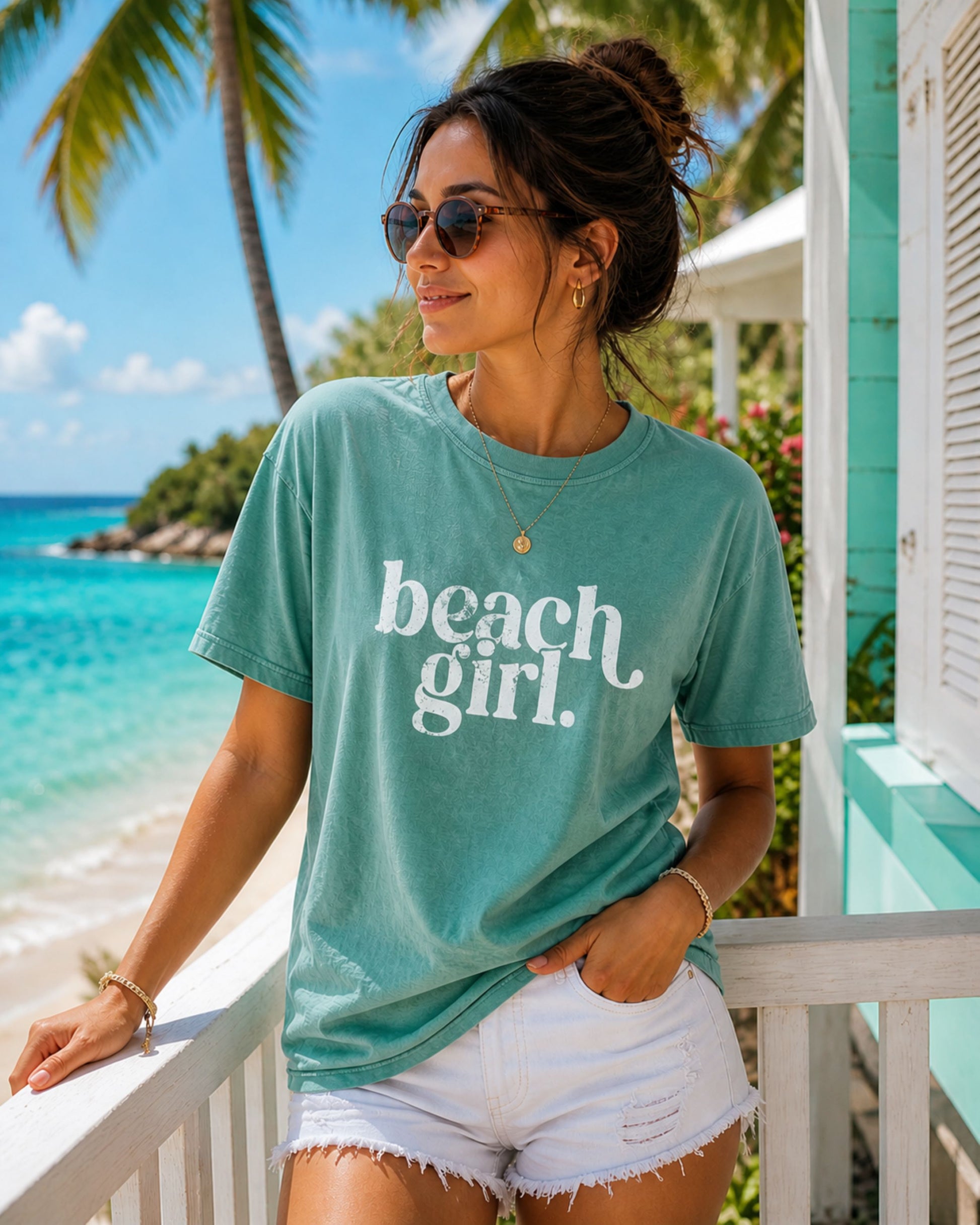 Woman wearing a 'beach girl' t-shirt by a tropical beach.