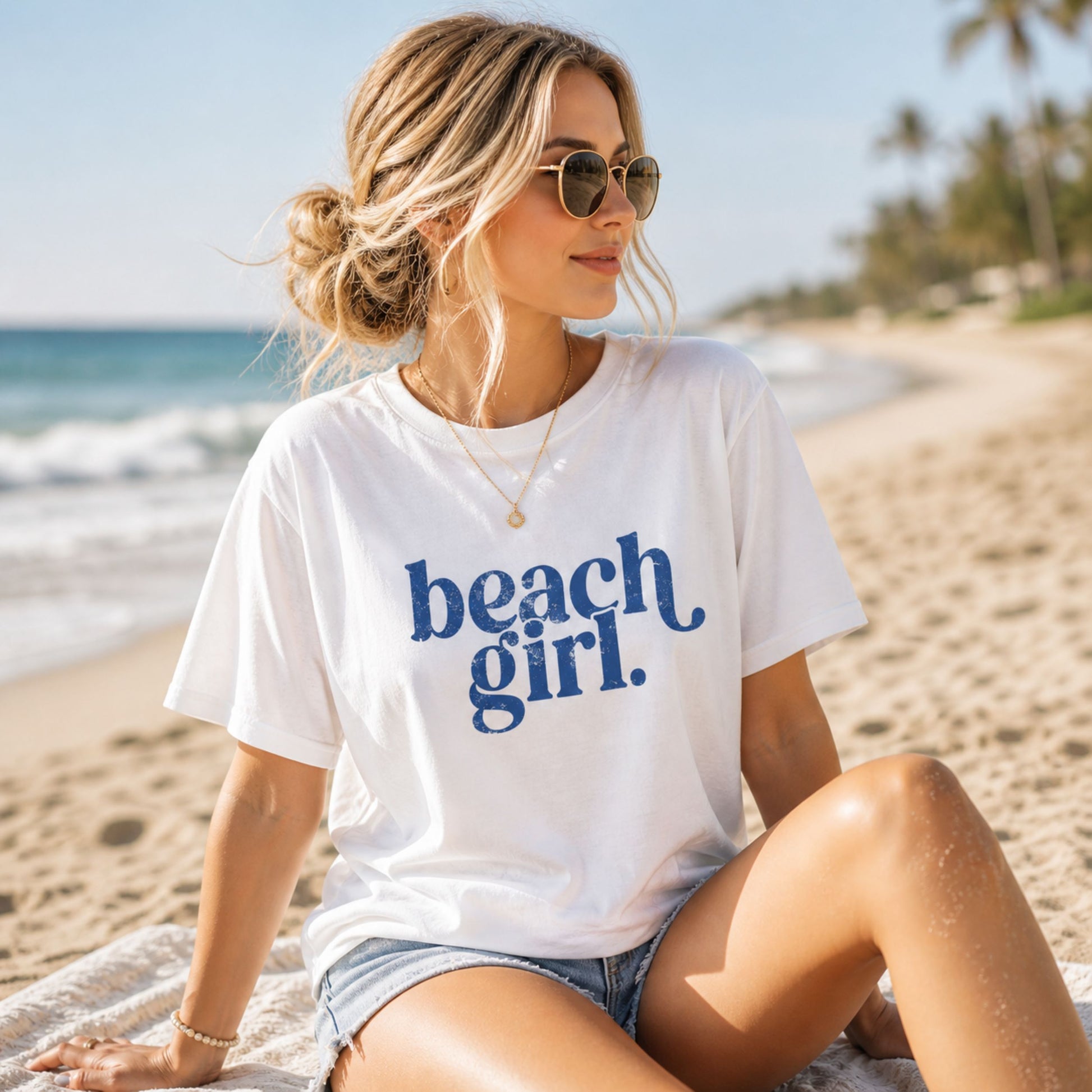 Woman wearing a 'beach girl' t-shirt on a beach