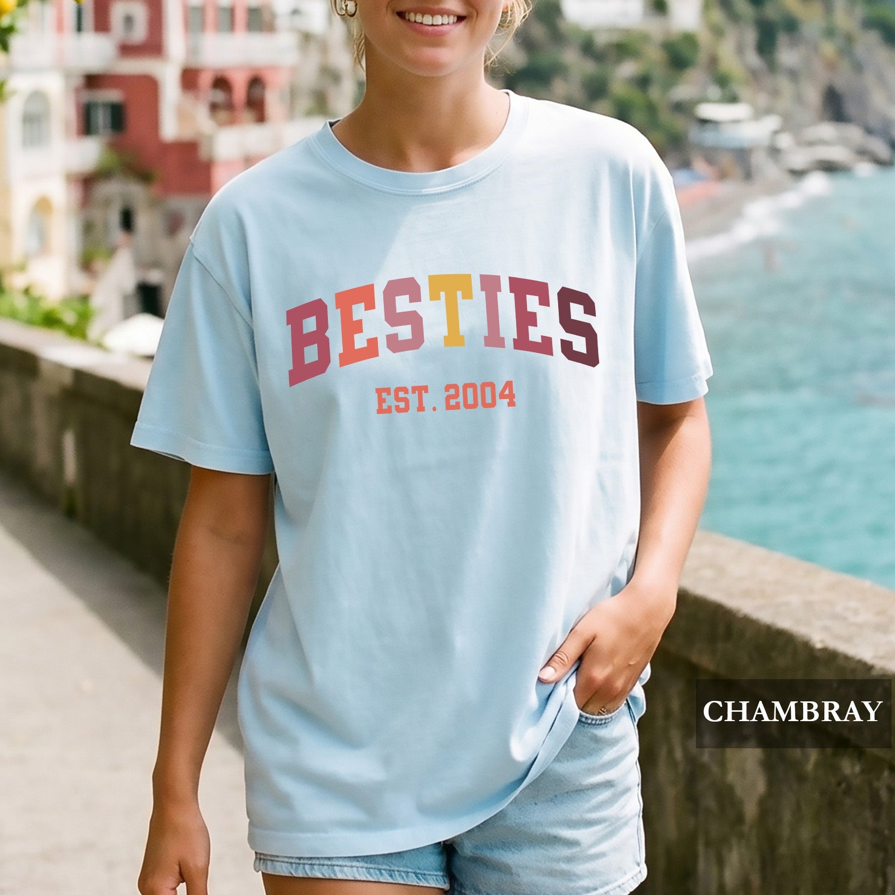 A woman wearing a Besties t-shirt.
