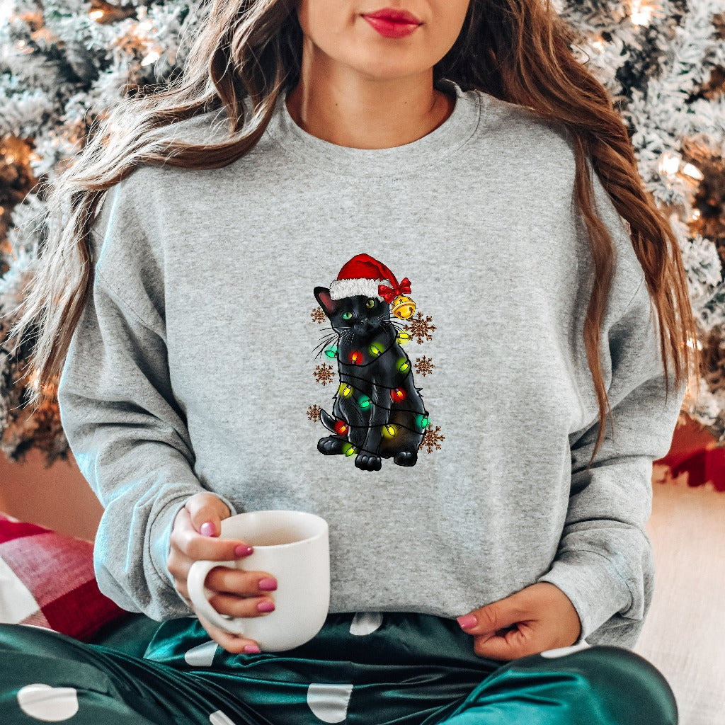 Black Cat Christmas Lights Sweatshirt, Cat Lover Crewneck, Christmas Kitten Sweater, Cat Mama Holiday Outfit, Funny Cat Christmas Gift Shirt