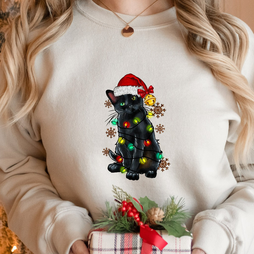 Black Cat Christmas Lights Sweatshirt, Cat Lover Crewneck, Christmas Kitten Sweater, Cat Mama Holiday Outfit, Funny Cat Christmas Gift Shirt