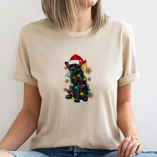 Black Cat Christmas Lights Shirt, Cat Lover TShirt, Christmas Kitten Graphic Tee, Cat Mama Holiday Outfit, Funny Cat Christmas Shirt for Her