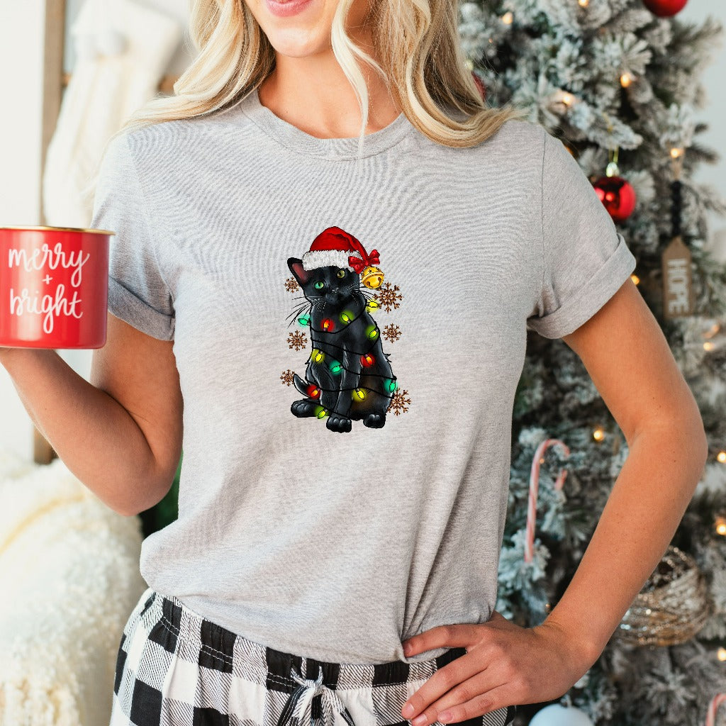 Black Cat Christmas Lights Shirt, Cat Lover TShirt, Christmas Kitten Graphic Tee, Cat Mama Holiday Outfit, Funny Cat Christmas Shirt for Her