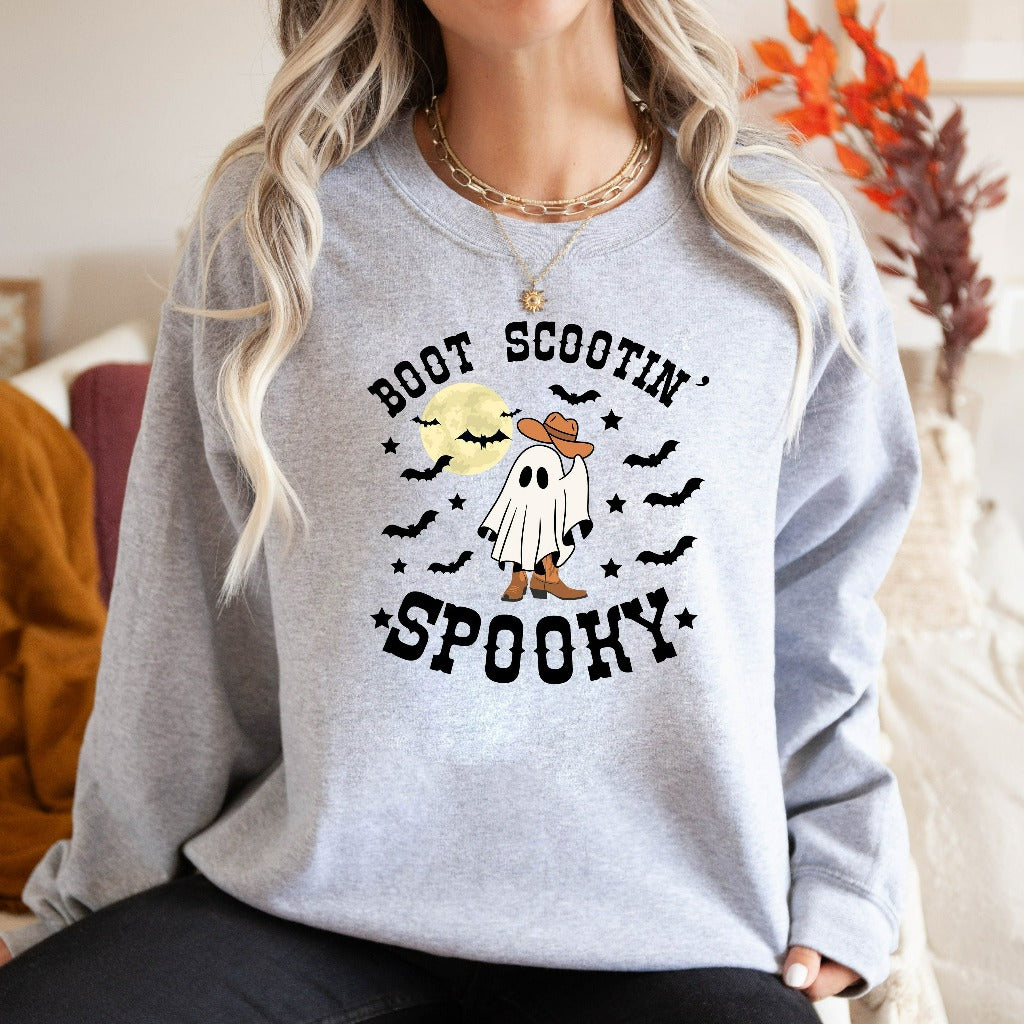 Boot Scootin Spooky Sweatshirt, Cute Spooky Crewneck, Halloween Gift, Halloween Hoodie, Cowboy Ghost Shirt, Western Halloween Party Shirt