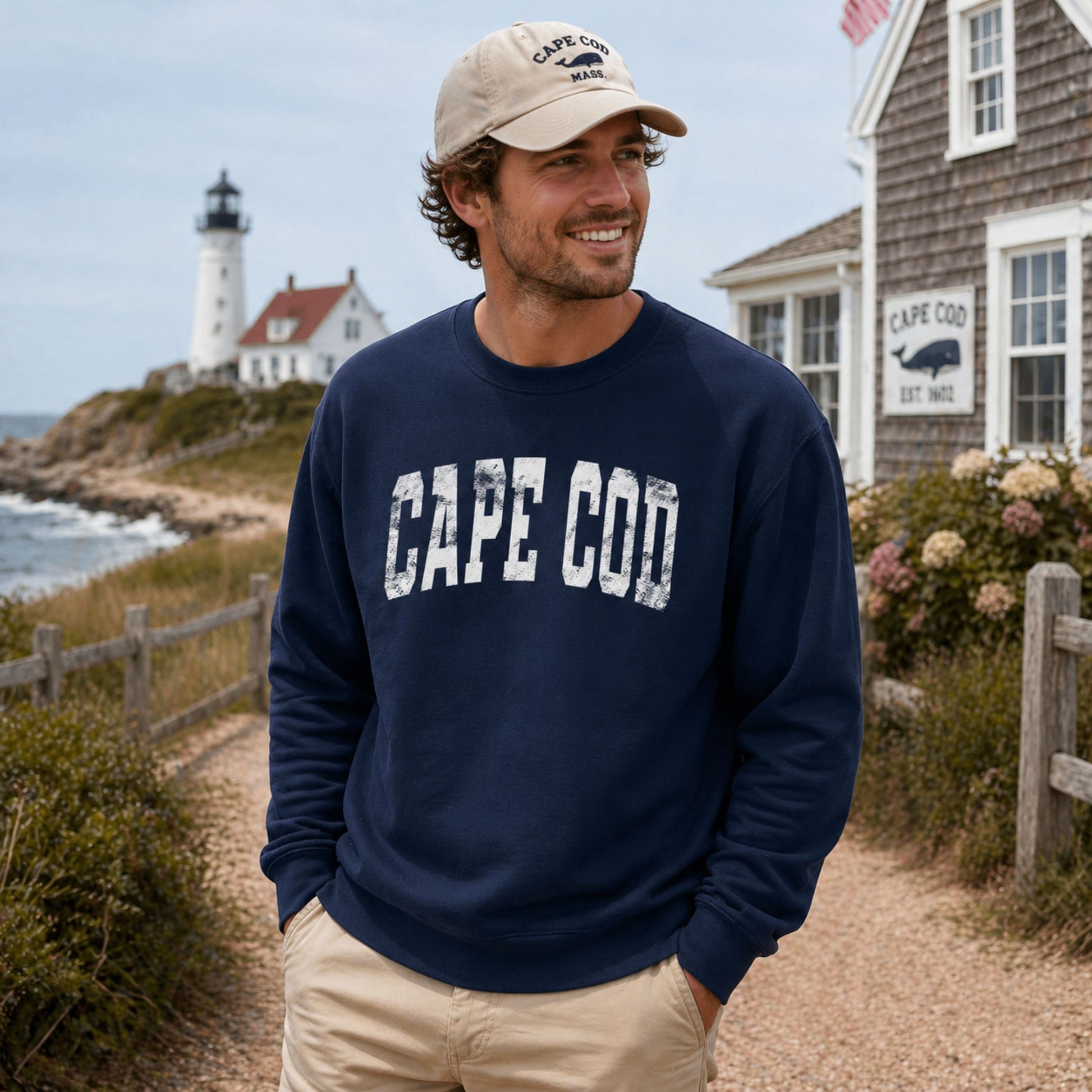 Man wearing a navy 'Cape Cod' sweatshirt standing in front of a lighthouse and Cape Cod building.