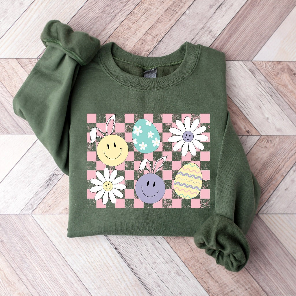 Checker Bunny Egg Sweatshirt, Easter Bunny Smile Face Crewneck, Easter Sweater, Retro Easter Shirt, Cute Easter Tee, Distressed Easter Shirt