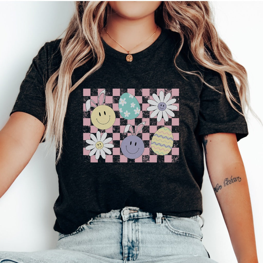Checker Bunny Egg Shirt, Easter Bunny Smile Face TShirt, Easter Graphic Tee, Retro Easter Shirt, Cute Easter Tee, Distressed Easter Shirt