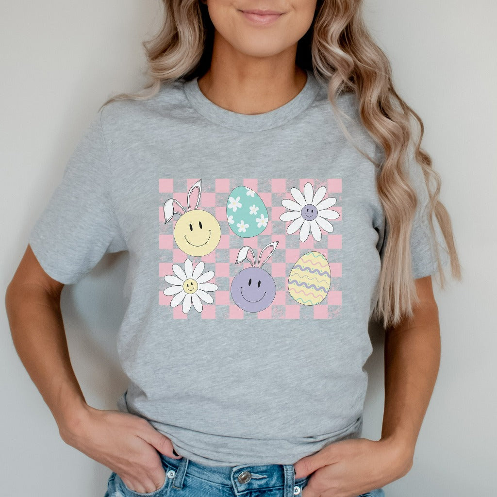 Checker Bunny Egg Shirt, Easter Bunny Smile Face TShirt, Easter Graphic Tee, Retro Easter Shirt, Cute Easter Tee, Distressed Easter Shirt