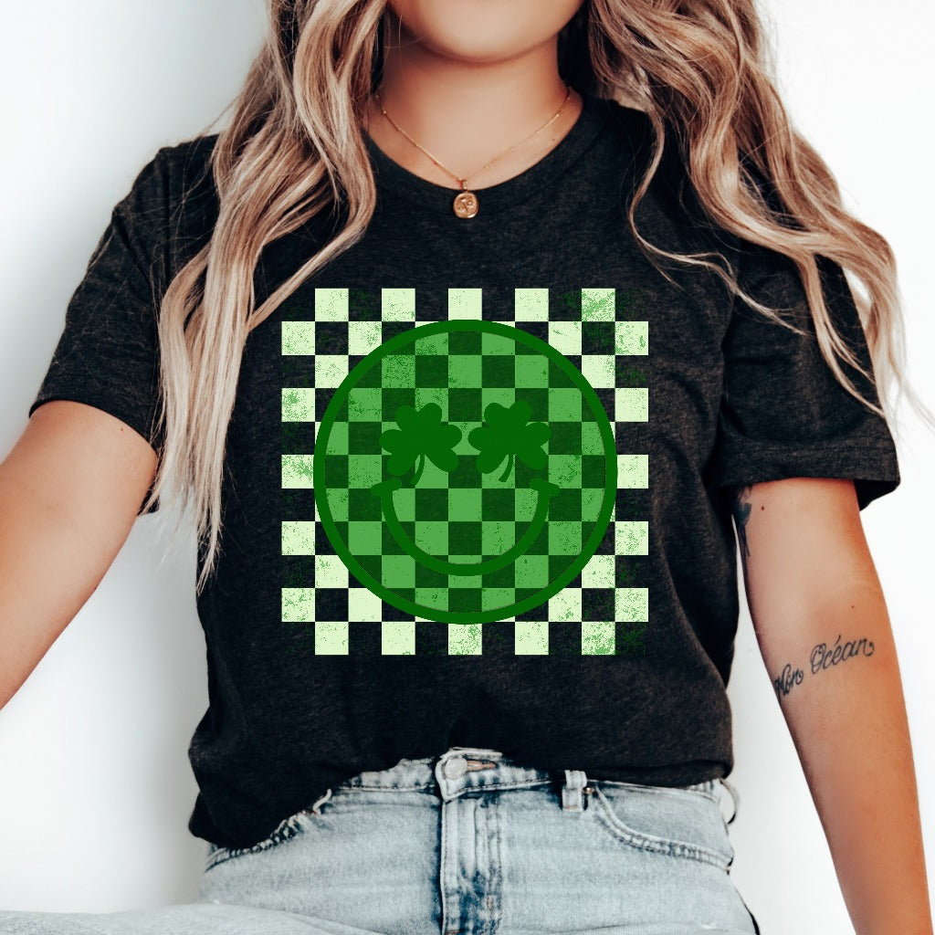 Checker Smile Face St Patricks Shirt, Distressed St Patricks Day TShirt, Shamrock Smile Graphic Tee, Retro St Patricks Tee, St Pattys Outfit