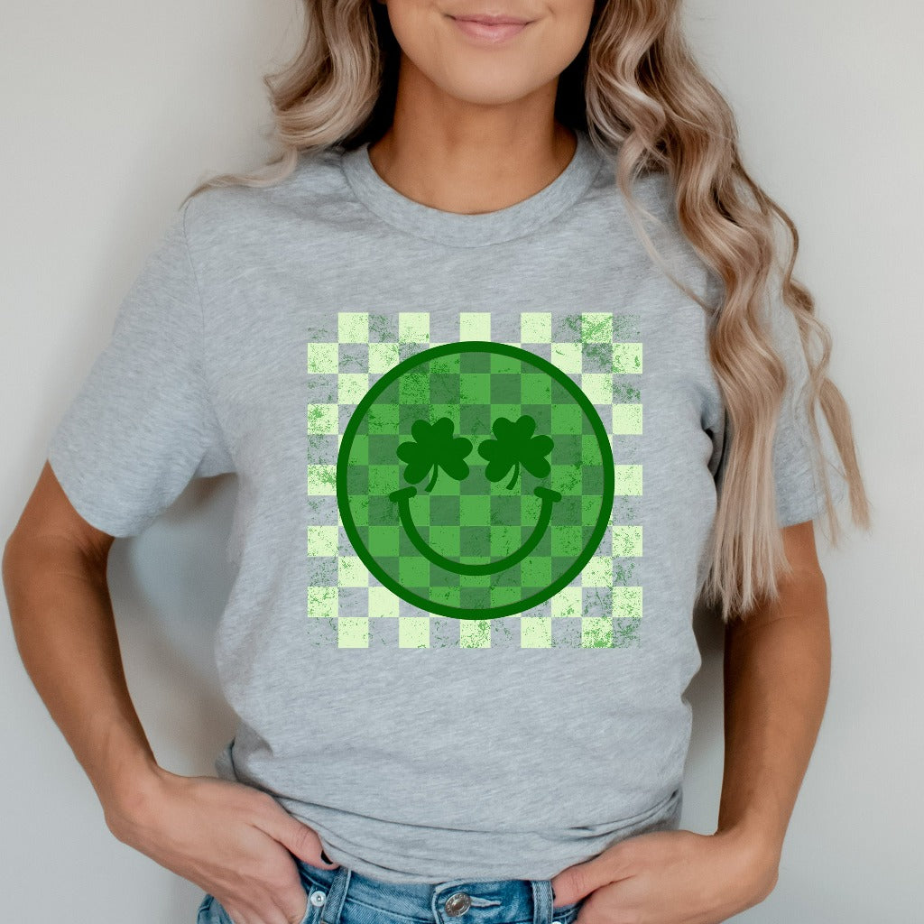 Checker Smile Face St Patricks Shirt, Distressed St Patricks Day TShirt, Shamrock Smile Graphic Tee, Retro St Patricks Tee, St Pattys Outfit