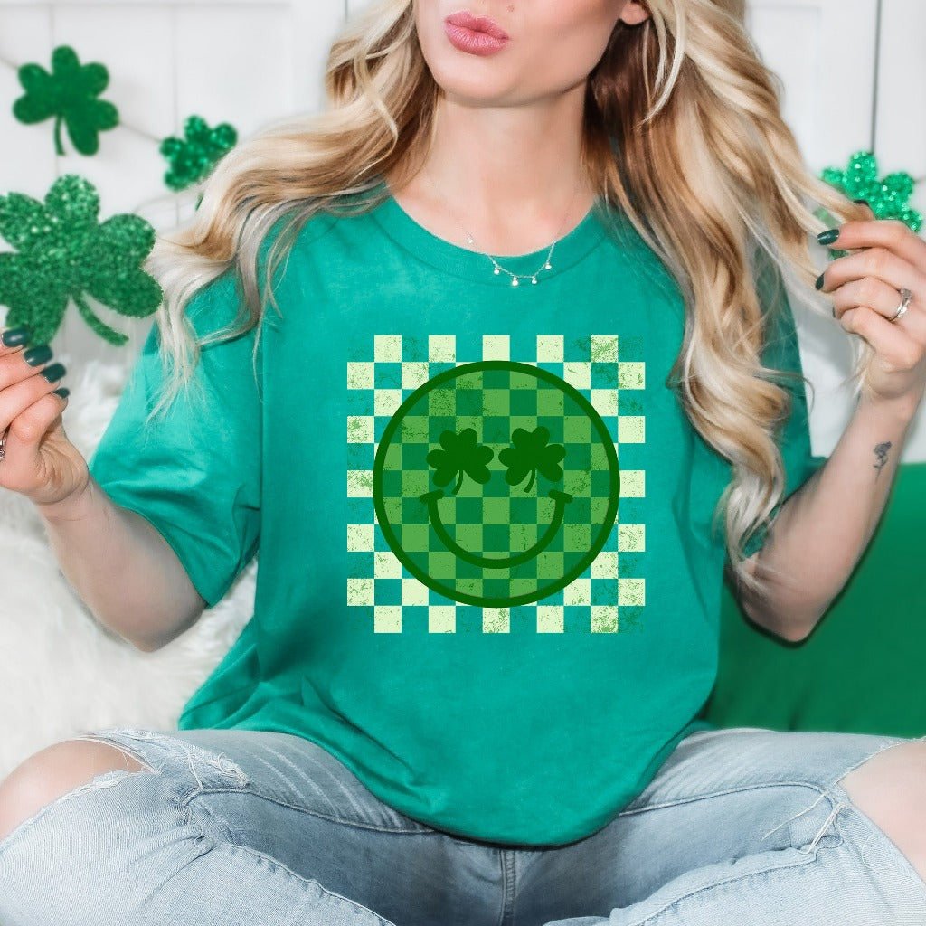 Checker Smile Face St Patricks Shirt, Distressed St Patricks Day TShirt, Shamrock Smile Graphic Tee, Retro St Patricks Tee, St Pattys Outfit