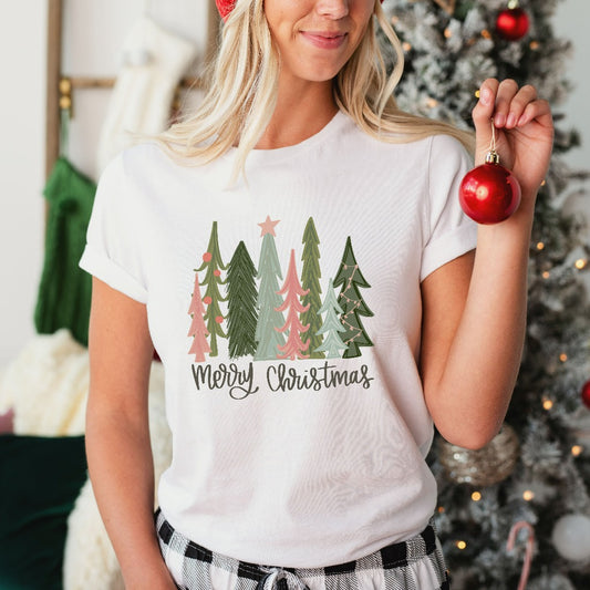 Merry Christmas Tree Shirt, Merry & Bright Christmas TShirt, Holiday Graphic Tee, Womens Holiday Shirt, Winter Shirt, Christmas Gift